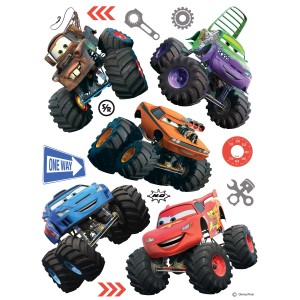 Disney Cars Wandtattoo mit Lightning McQueen und Freunden als Monstertrucks, rot, orange und blau.