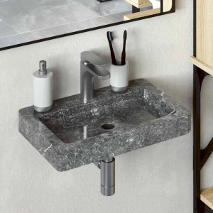 Graues Marmor Wandwaschbecken 38x24 cm mit moderner Armatur im Bad. Elegantes Design.