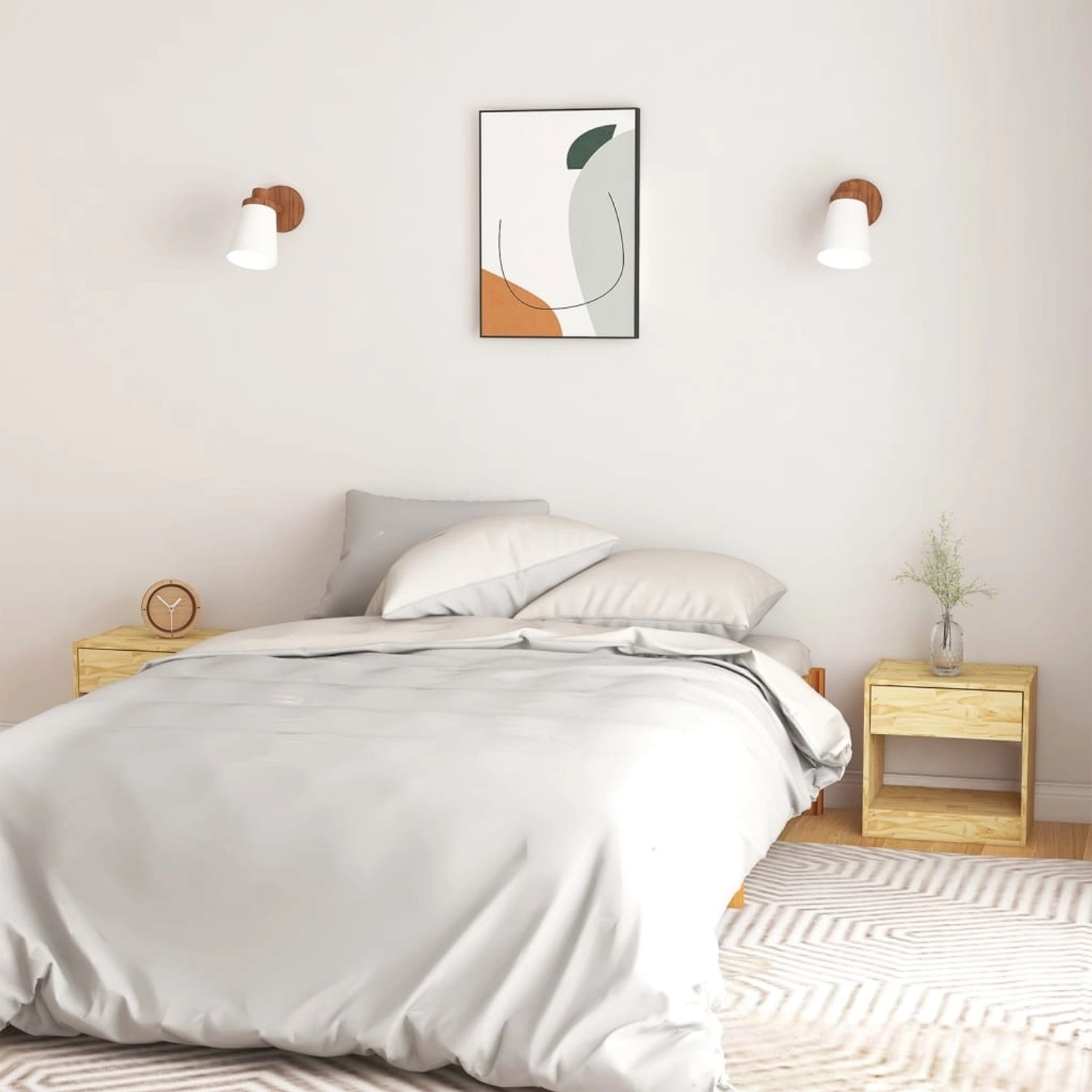 Zwei Kiefernholz Nachttische vidaXL (40x31x40 cm) im Schlafzimmer.