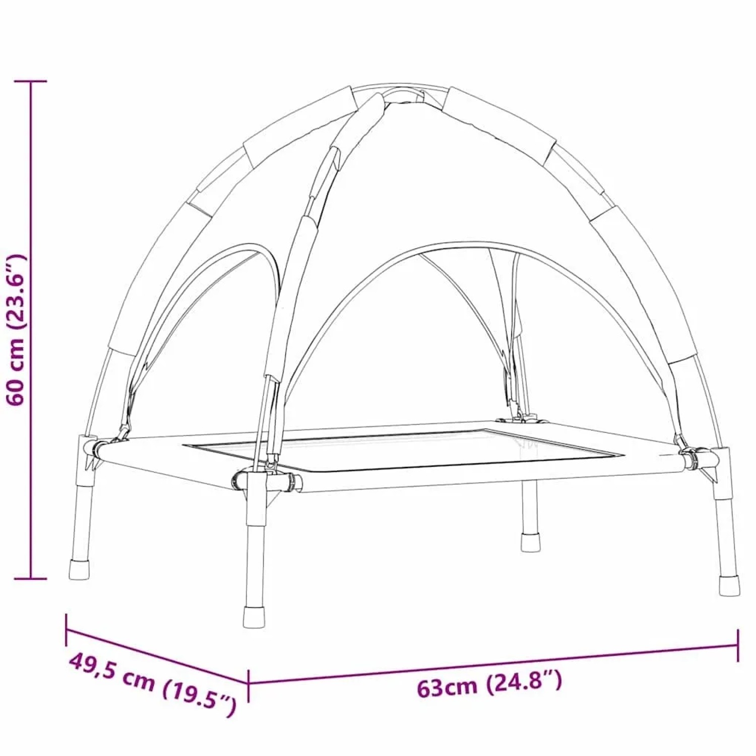 vidaXL Hundebett: Technische Zeichnung mit Maßen 63x49,5x60 cm, Stahlrahmen, abnehmbares Dach.