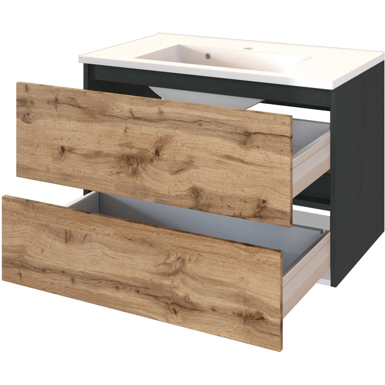 Held Möbel Waschtisch-Set Bari, 80 cm, Wotaneiche/Graphitgrau mit zwei offenen Schubladen.