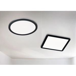 Zwei Trio LED-Deckenleuchten Camilla, schwarz matt, rund und eckig, an einer weißen Decke.