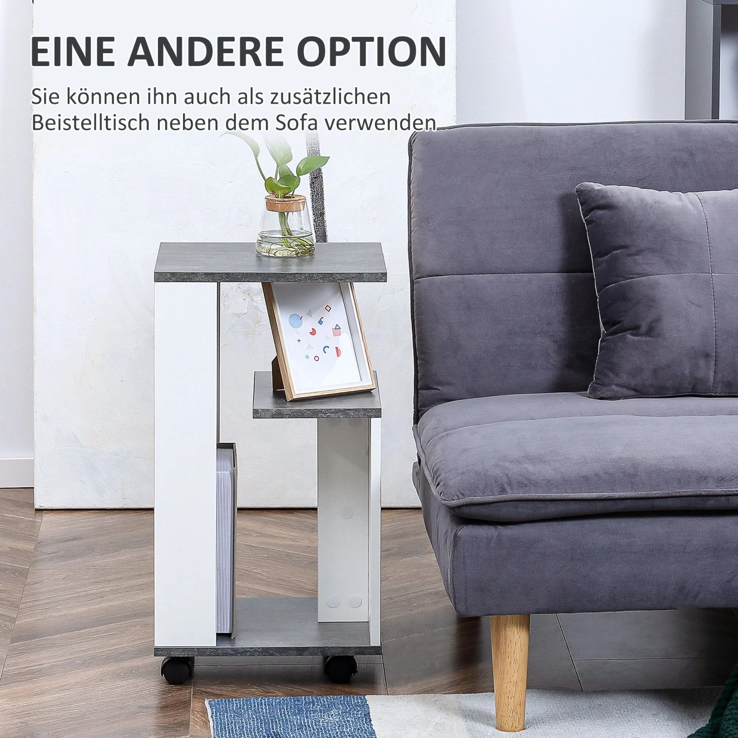 HOMCOM Nachttisch Grau-Weiß mit 3 Etagen auf Rollen, als Beistelltisch neben Sofa.