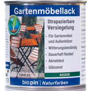 Dose Biopin Gartenmöbellack farblos glänzend, Klarlack für Holzmöbel im Außenbereich.