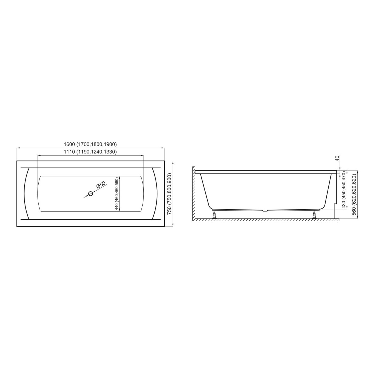 Bad Land Badewanne Rechteck INES 190x90 Ablauf Füße_9