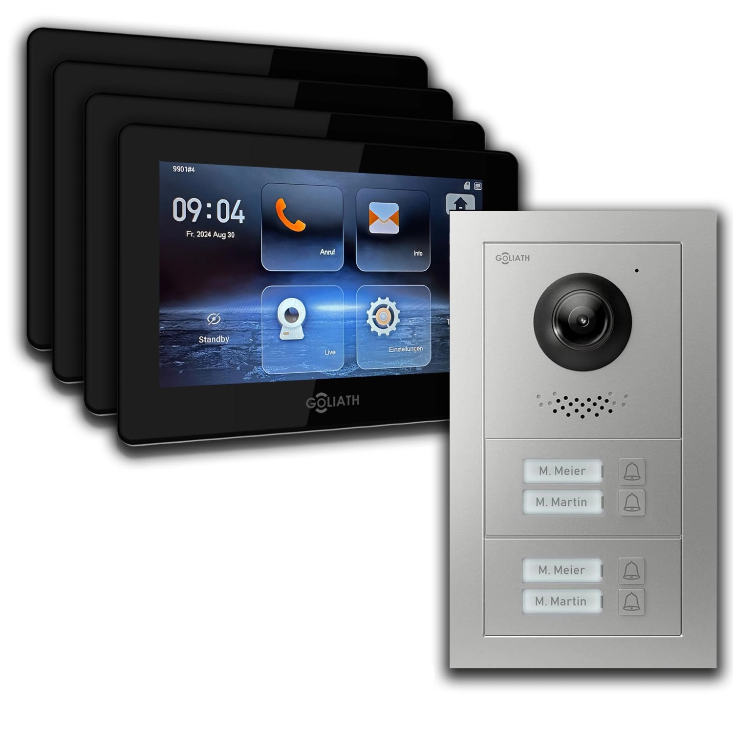Goliath IP Video Türsprechanlage 4 Familienhaus 7 Zoll Schwarz App Silber Unterputz
