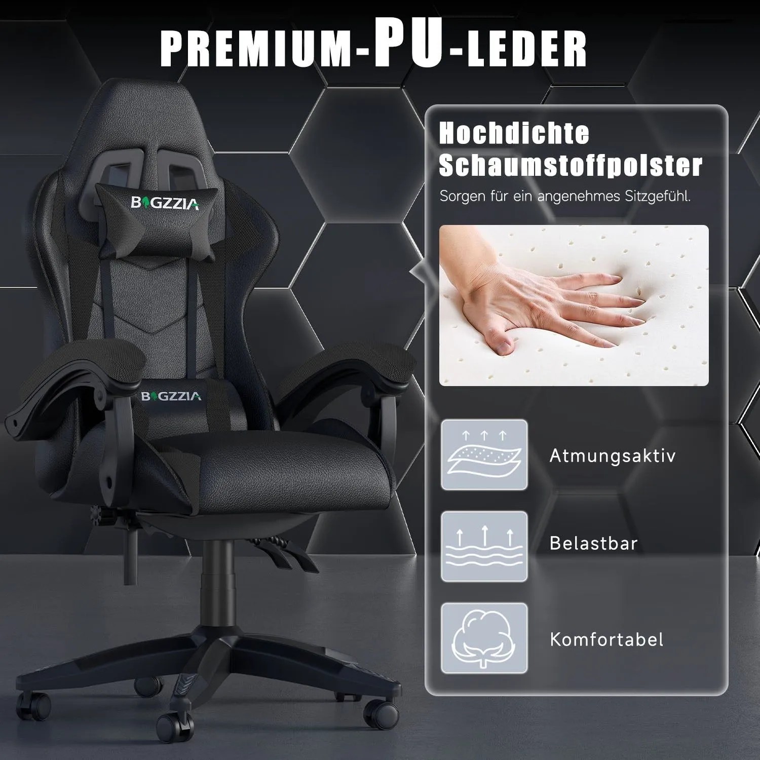 Schwarzer Rattantree Gaming Stuhl mit hoher Rückenlehne, Kopf- und Lendenstütze.