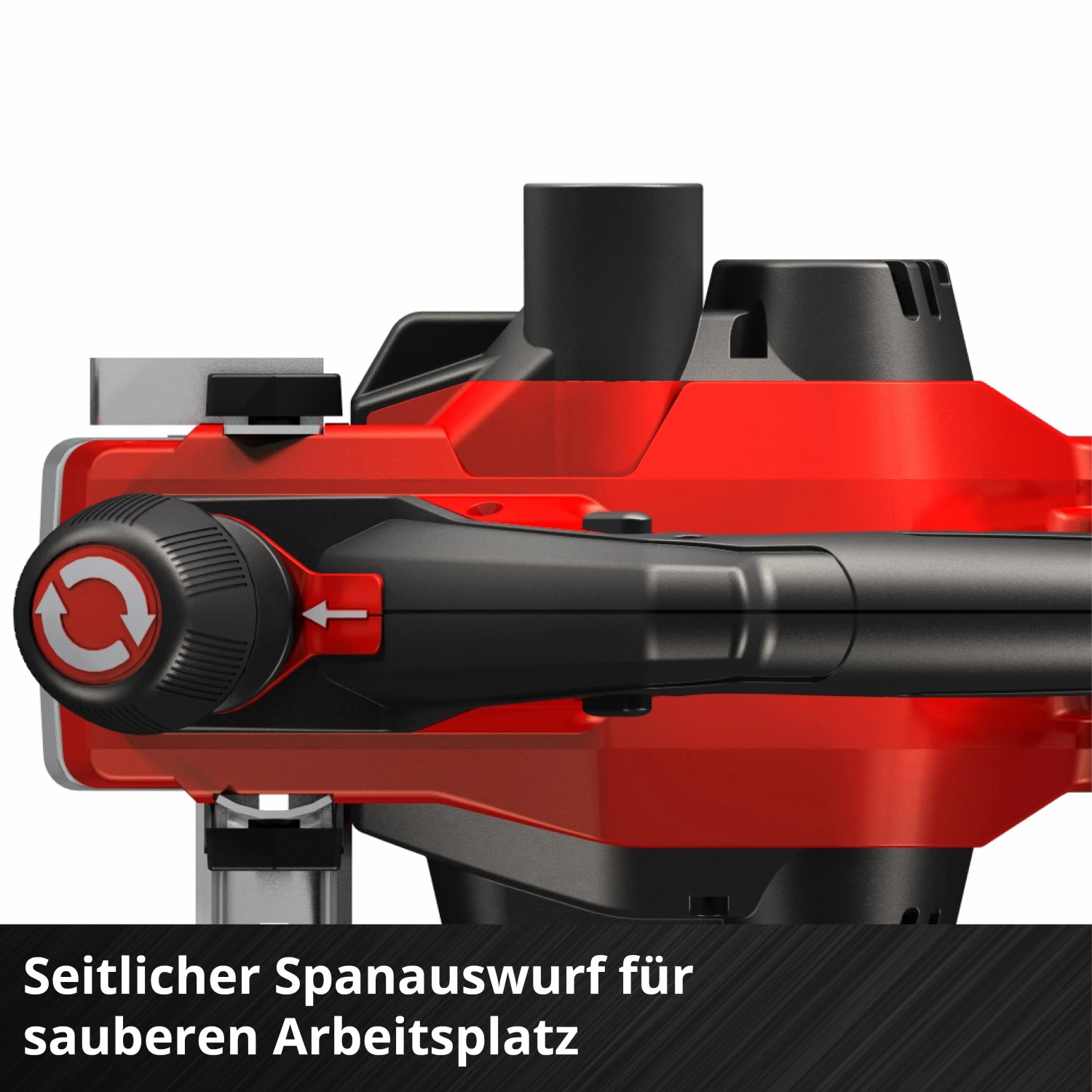 Detailaufnahme des Einhell Akku-Hobel TE-PL 18/82 Li Solo mit Einstellknopf und Spanabsaugung.