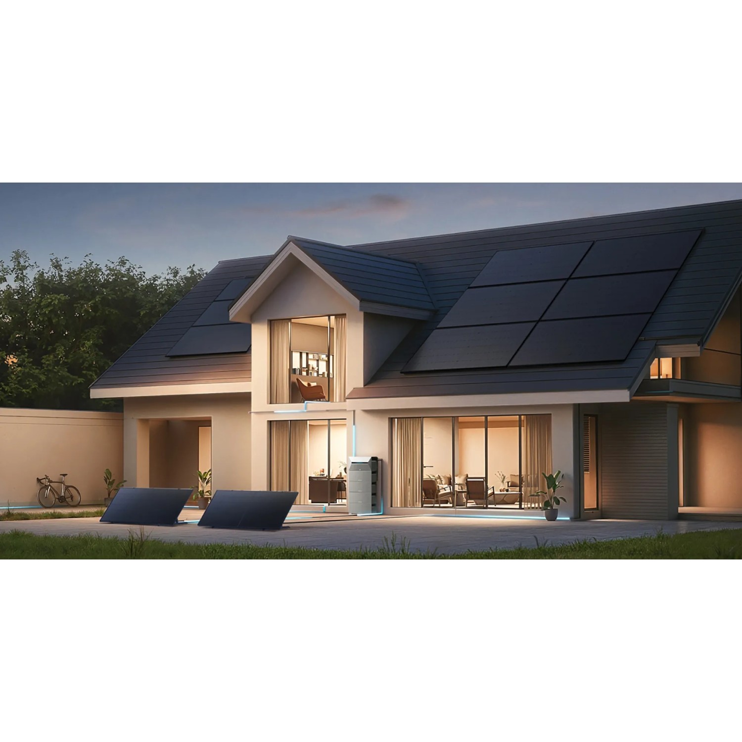 Anker Solix Balkonkraftwerk-Set mit Solarbank und Smart Meter am Hausdach und im Garten.