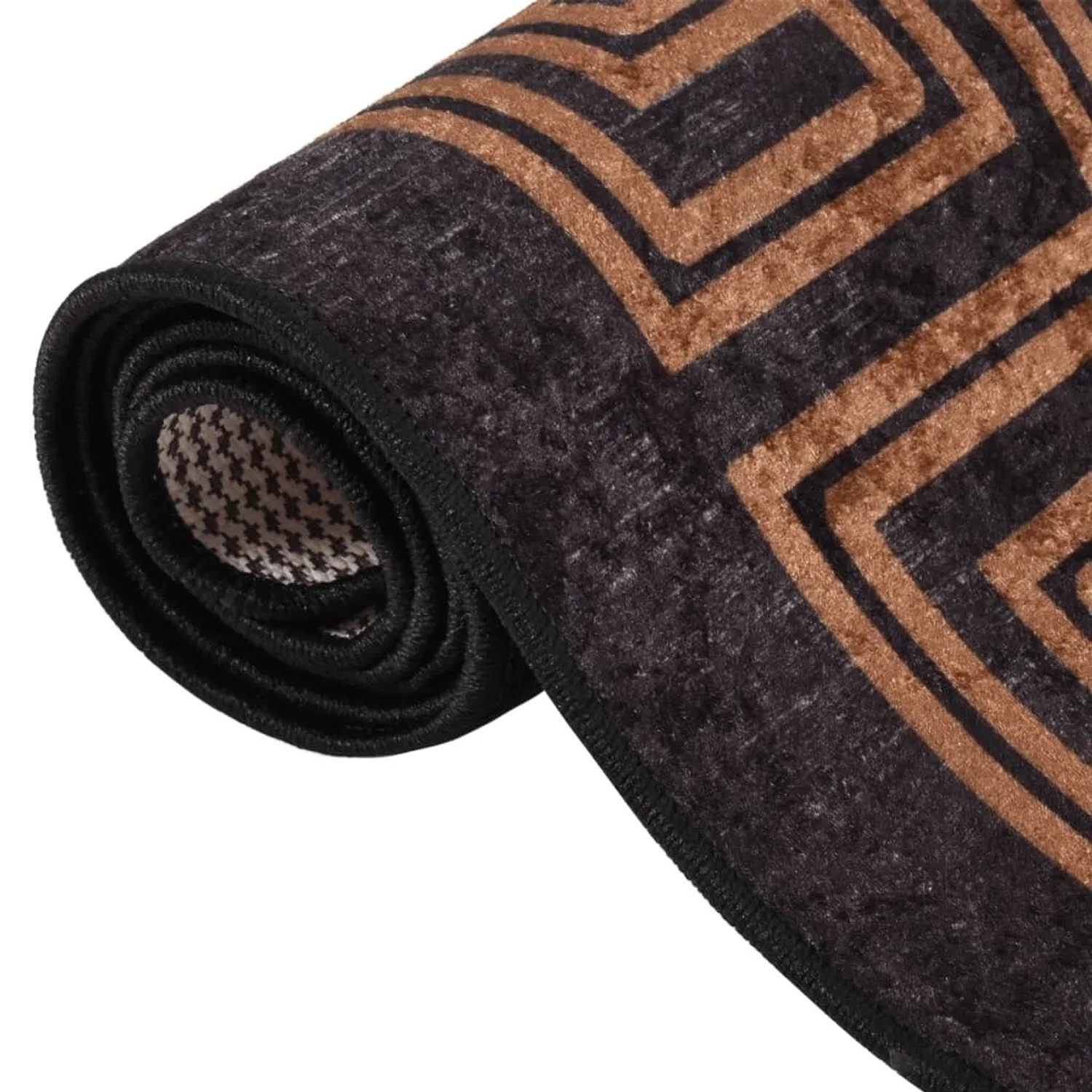 Gerollter, rutschfester vidaXL Teppich in Schwarz und Gold mit geometrischem Muster.