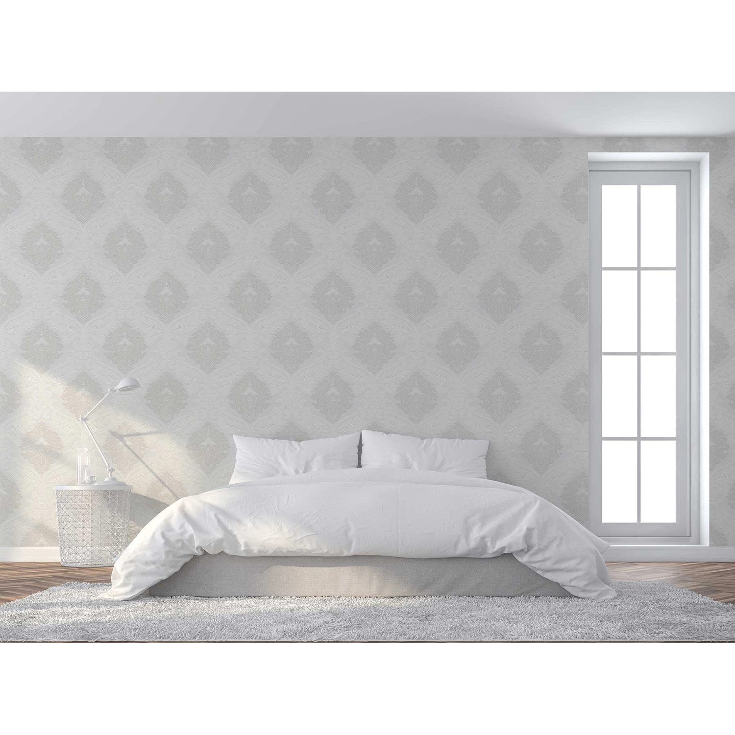 Schlafzimmer mit Barock Tapete Gioele in Beige und Weiß mit Ornament Muster.