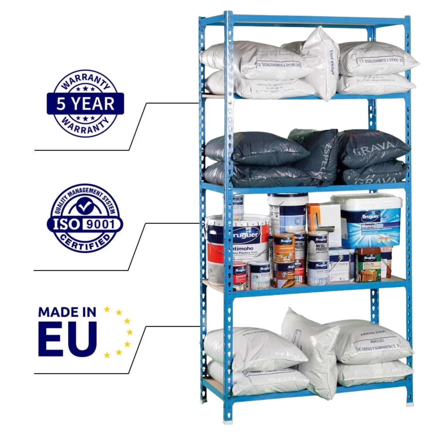 Blaues PROREGAL Schwerlastregal mit fünf Fachböden, beladen mit Säcken und Farbeimern.