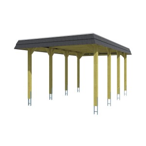 Skan Holz Walmdach-Carport Spreewald mit schwarzer Blende, Holzkonstruktion mit Aluminiumplatten.