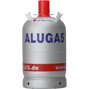 WestfalenGas Alugasflasche 11 kg Füllung. Silberne Gasflasche mit rotem Verschluss.