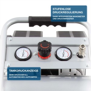 Bedienfeld des HYUNDAI Silent Kompressors mit zwei Manometern, rotem Druckregler und Schnellkupplung. Zeigt stufenlose Druckregulierung.
