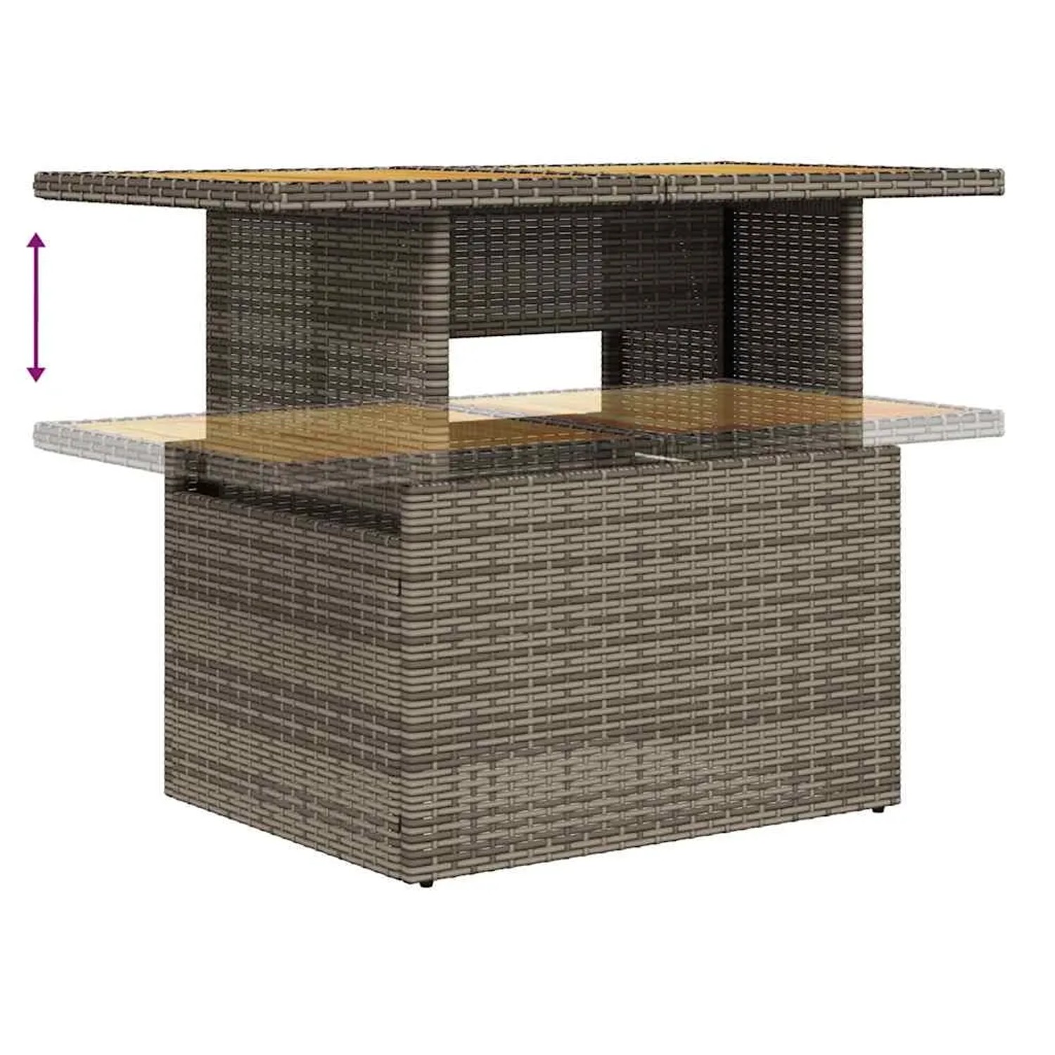 Verstellbarer Gartentisch aus grauem Rattan und Akazie, Teil der vidaXL Garten-Sofagarnitur.