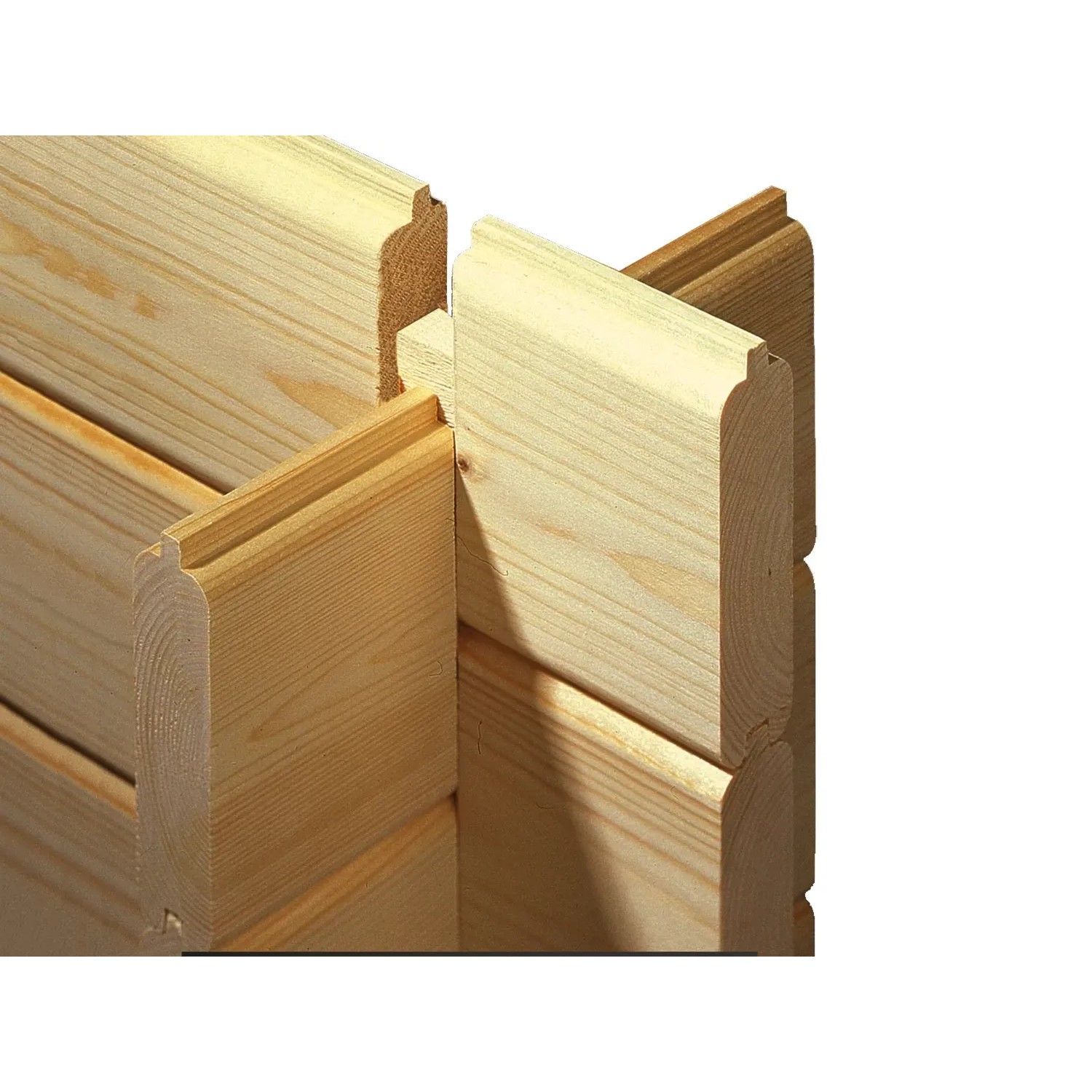 Detailaufnahme der Blockbohlenbauweise des Weka Holz-Gartenhauses mit Satteldach.
