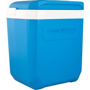 Blaue Kühlbox Icetime Plus 26 l von Campingaz mit weißem Deckel und Tragegriff.