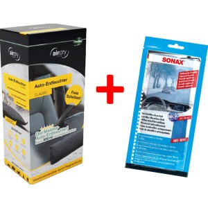 ThoMar Auto-Luftentfeuchter Airdry 1 kg mit Sonax Mikrofasertuch für klare Sicht im Auto.