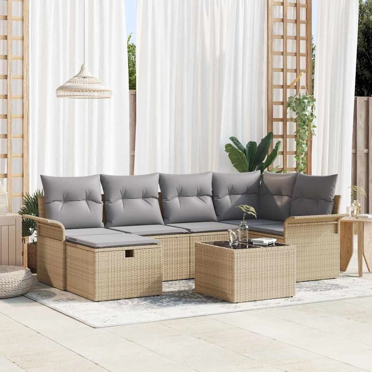 Beiges 7-tlg. vidaXL Garten-Sofa-Set aus Poly Rattan mit Kissen und Stauraum.