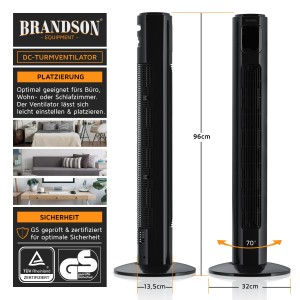 Brandson Turmventilator mit DC-Motor, Eco-Modus, 12 Stufen, Fernbedienung und Timer, seitliche und Frontansicht.