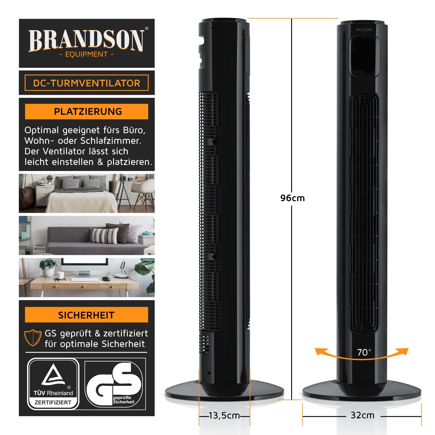 Brandson Turmventilator mit DC-Motor, Eco-Modus, 12 Stufen, Fernbedienung und Timer, seitliche und Frontansicht.