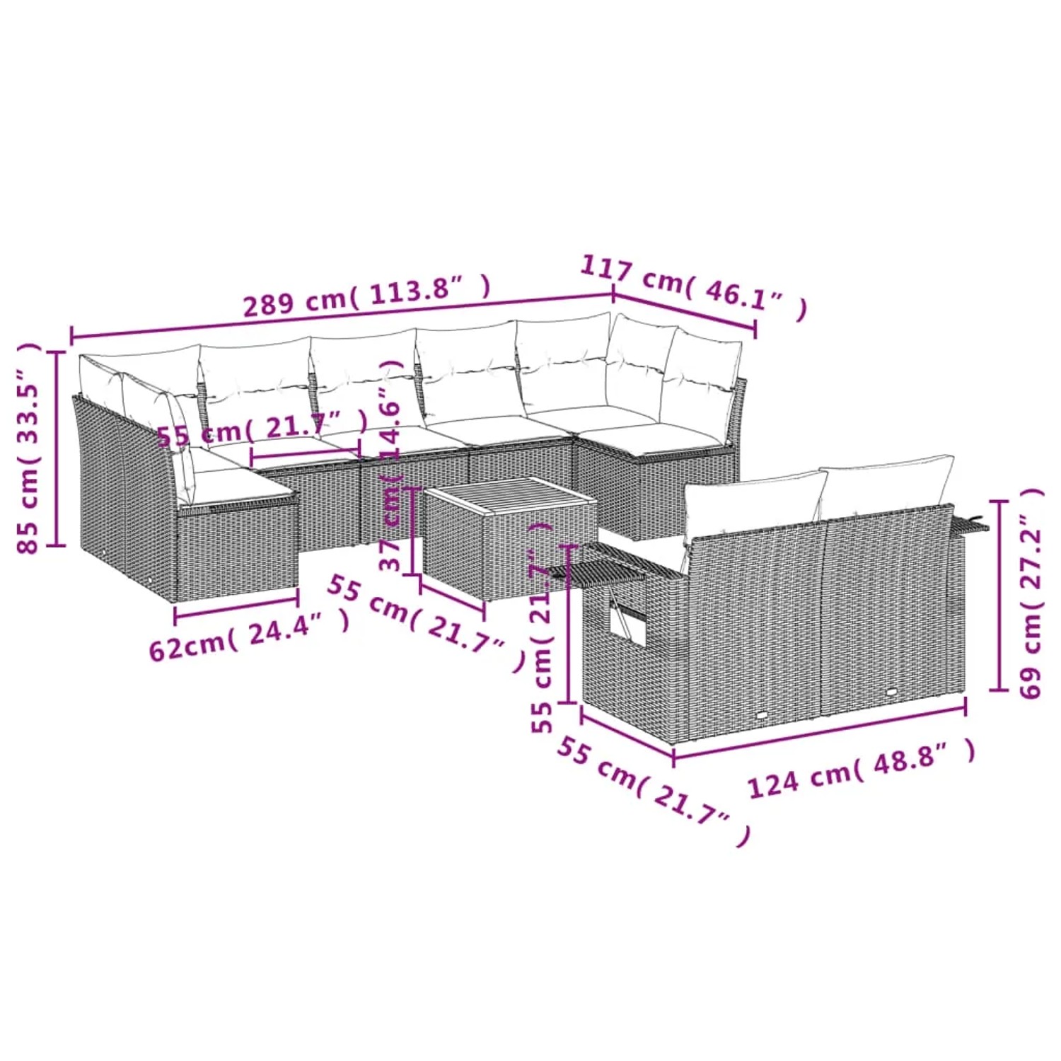 vidaXL Garten-Sofagarnitur, 10-teilig, schwarz, Poly Rattan. Gartenmöbel Set mit Tisch und Kissen.