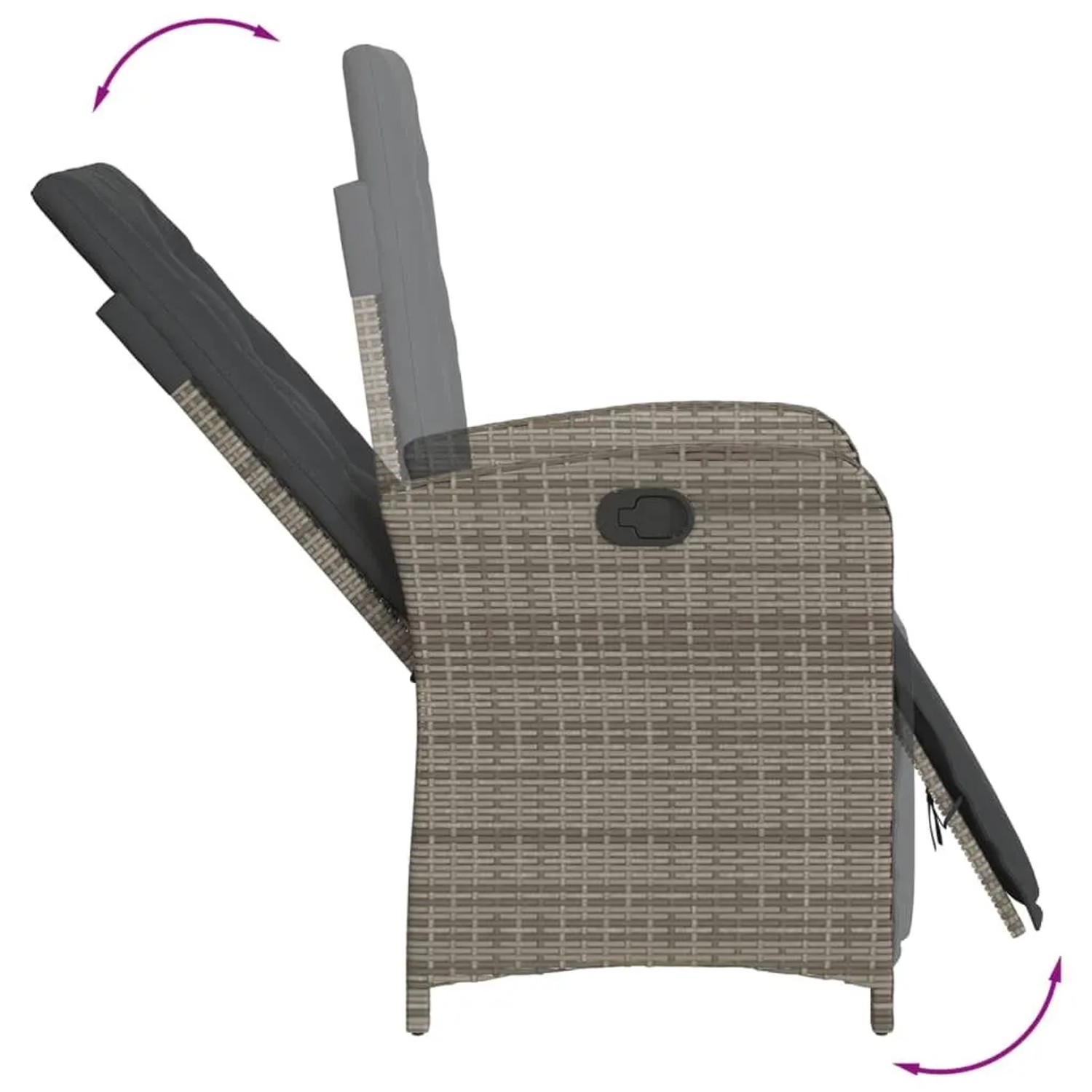 Grauer Poly Rattan Gartensessel mit verstellbarer Rückenlehne und Fußteil, Bewegungsfunktion dargestellt.
