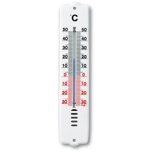 Weißes TFA Innen-Außen-Thermometer aus Kunststoff zum Aufhängen.