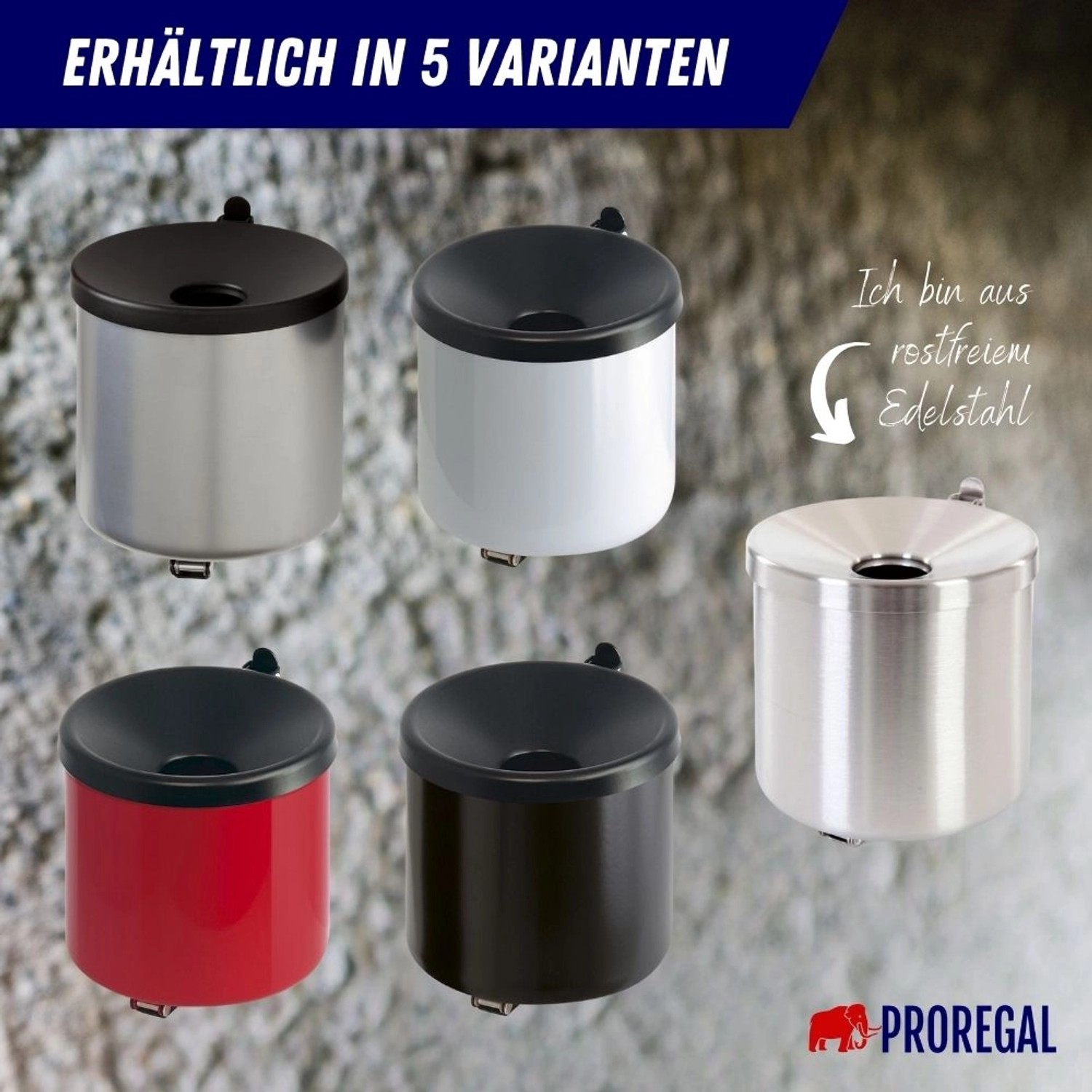 PROREGAL Wandaschenbecher Set, 5 Farben, Metall, selbstlöschend, 2 Liter.