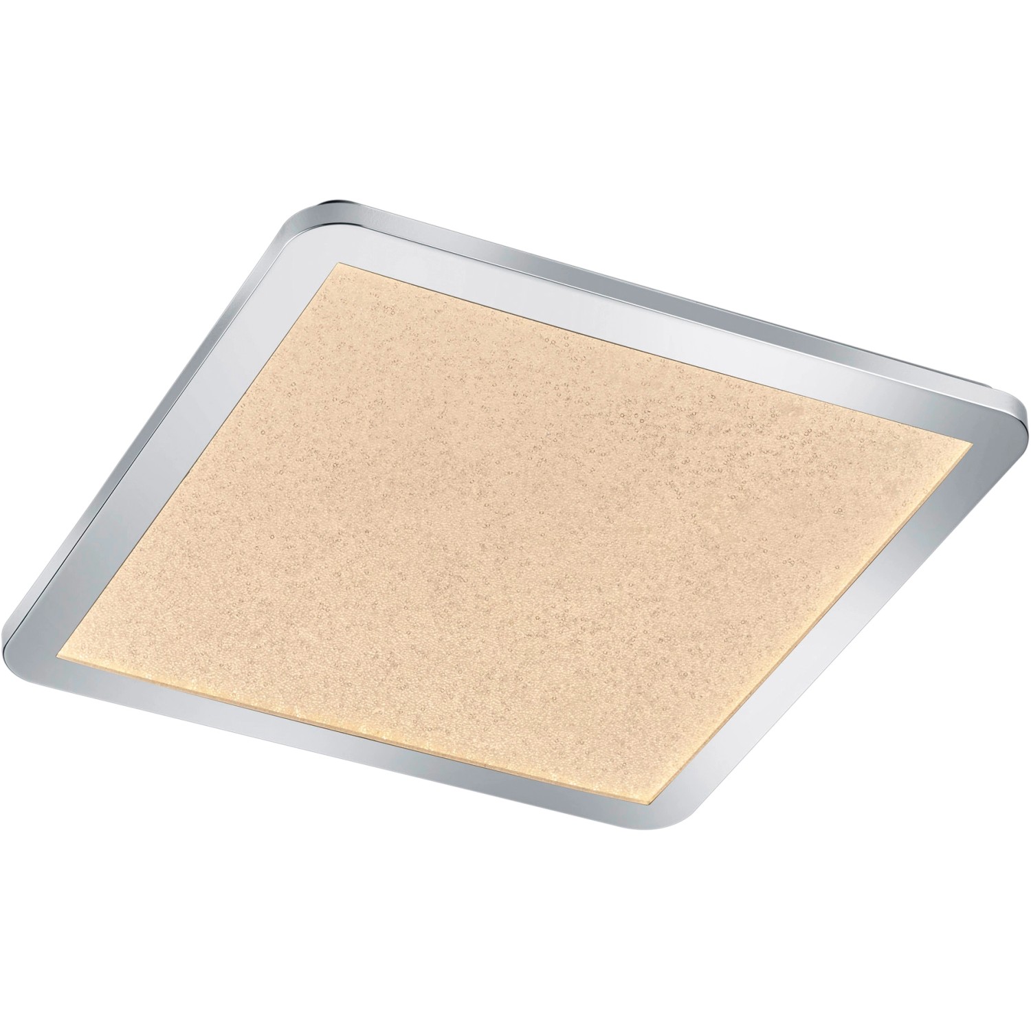 Quadratische Trio LED-Deckenleuchte Cesar, Chromrand, weißes Acryl, 40x40 cm.