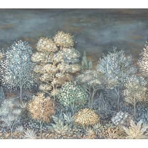 Erismann Fototapete French Forest, 300x270 cm, blau. Waldmotiv im Gemälde-Look für Wandgestaltung.