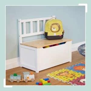 Relaxdays Kinderbank MDF Kiefernholz Weiß Braun mit Stauraum Rückenlehne Softclose 55 cm x 57 cm x 31 cm 5,8 kg