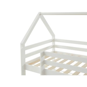 Weißes Hausbett Tarzia aus Holz, Detail des Hausrahmens und Lattenrosts. Klassisches Kinderbett.