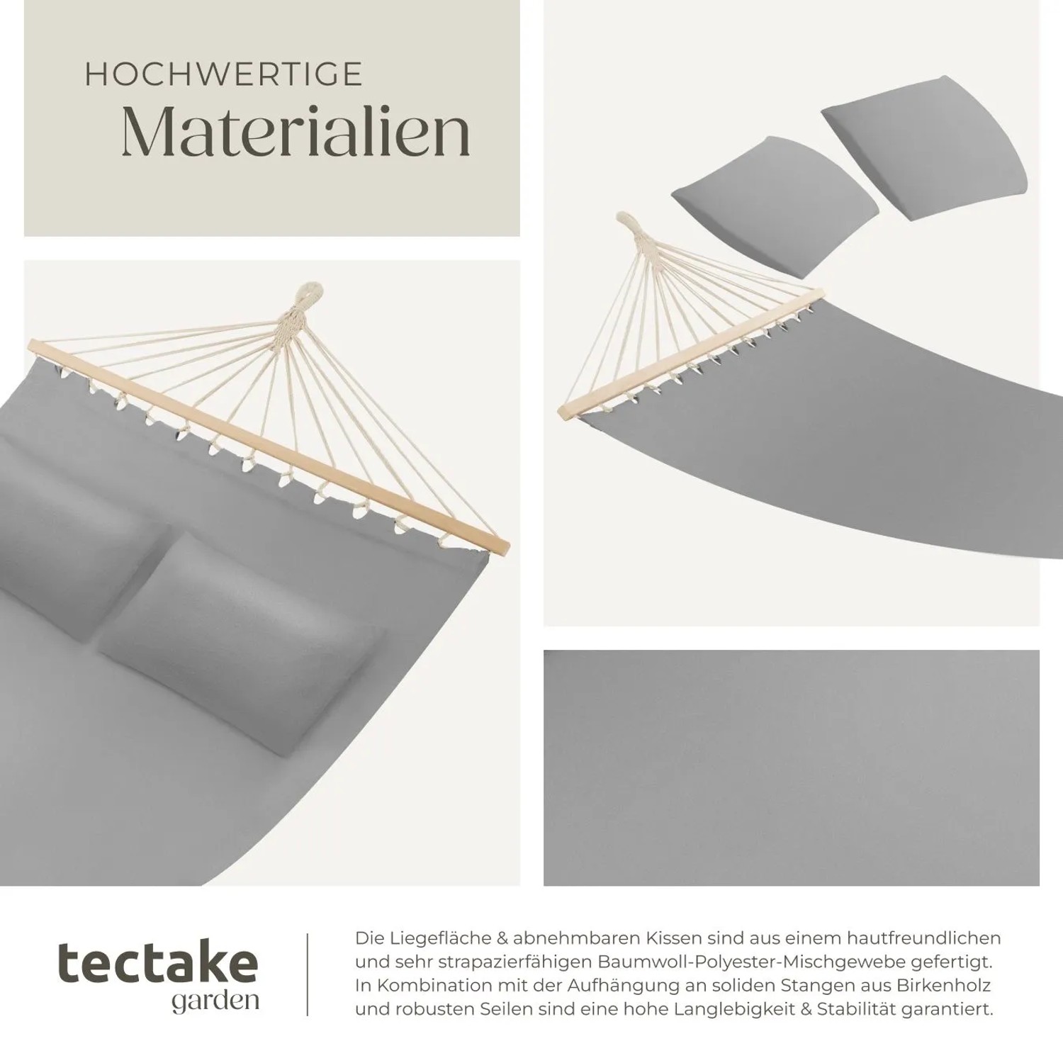 Tectake Hängematte Eden Mit Spreitzstäben  Für 2 Personen Strapazierfähiger Stoff  325 x 150 x 2 50 cm Hellgrau_4