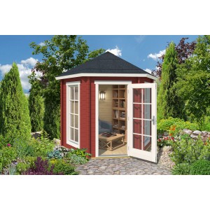 Lasita Maja Pavillon Inverness 44, schwedenrot, mit geöffneter Tür und Fenster im Garten.