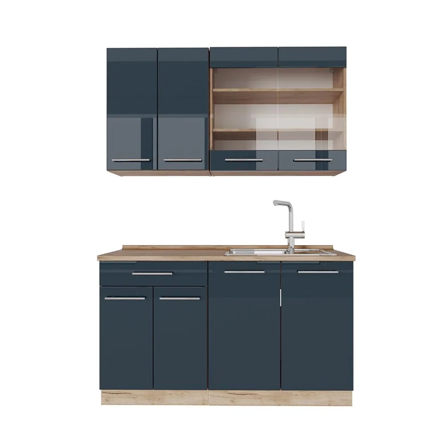 Vicco Fame-Line Singleküche DunkelBlau Hochglanz Goldkraft Eiche 140 cm AP Eiche ohne E-Geräte