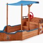 Home Deluxe Sandkasten Matschekiste in Schiffsform mit blauem Sonnendach, Steuerrad und Anker.