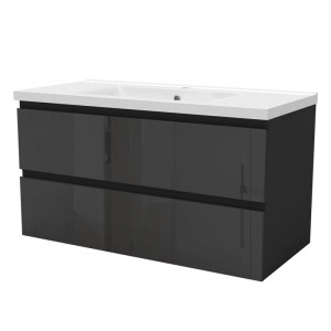Schwarzer Hochglanz Waschtisch Zwenia mit weißem Keramik Waschbecken und grifflosen Schubladen. Modernes Badmöbel Set.