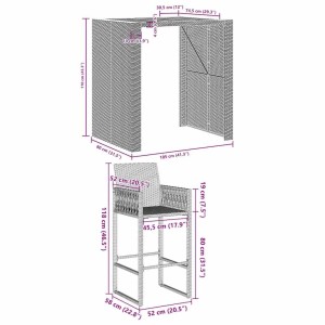 vidaXL Gartenbar-Set, 5-teilig, grau, Rattan, Akazie. Bar und 4 Hocker mit Maßen.