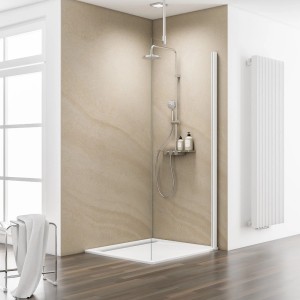 Begehbare Schulte Duschwand MasterClass mit Chromoptik und klarem Glas in Badezimmer.