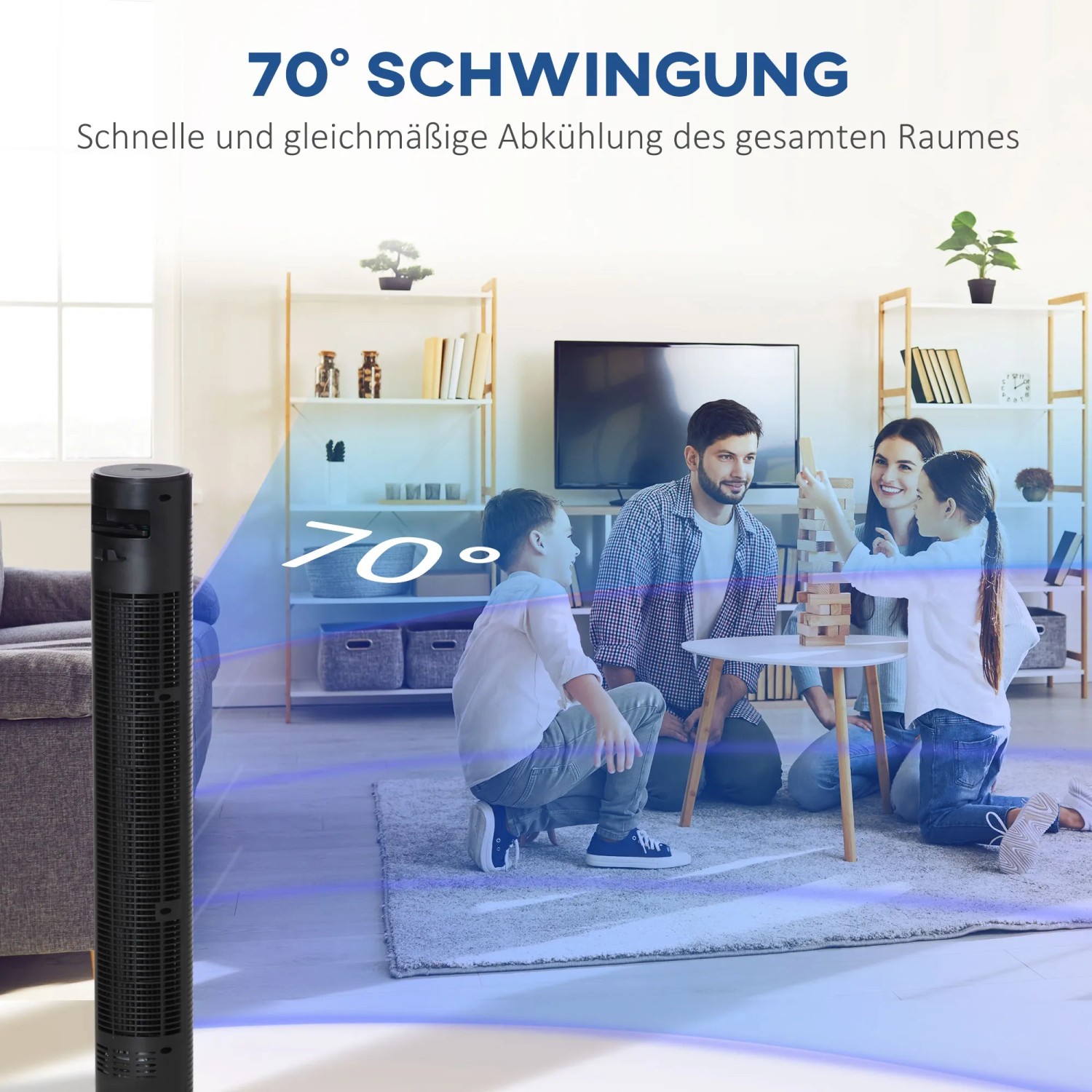 Schwarzer HOMCOM Turmventilator mit Fernbedienung im Wohnzimmer mit Familie.