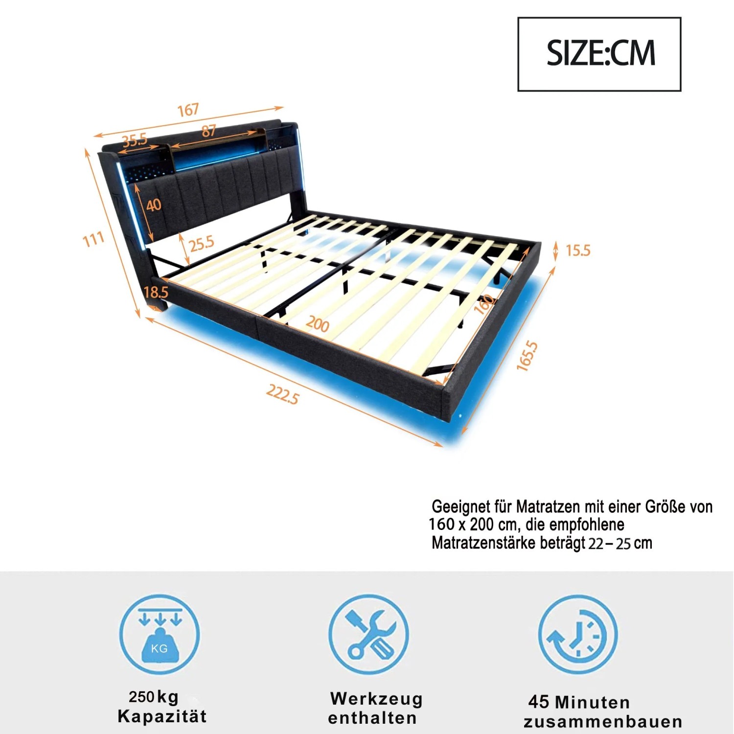 Graues Polsterbett 160x200 mit LED, USB und Stauraum (ohne Matratze)