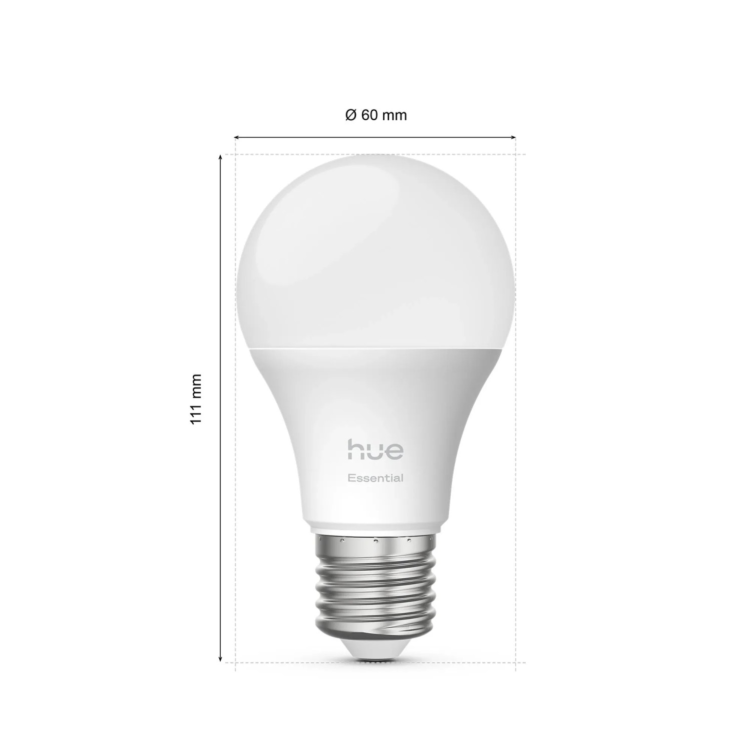 Philips Hue E27 LED Lampe in Glühlampenform, 6500K, 806 lm, 8W, mit Abmessungen.