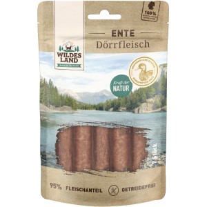 Wildes Land Hunde-Snack Enten Dörrfleisch, 150g Packung mit 7 Stück. Glutenfreie Hunde-Kaustreifen mit hohem Fleischanteil.