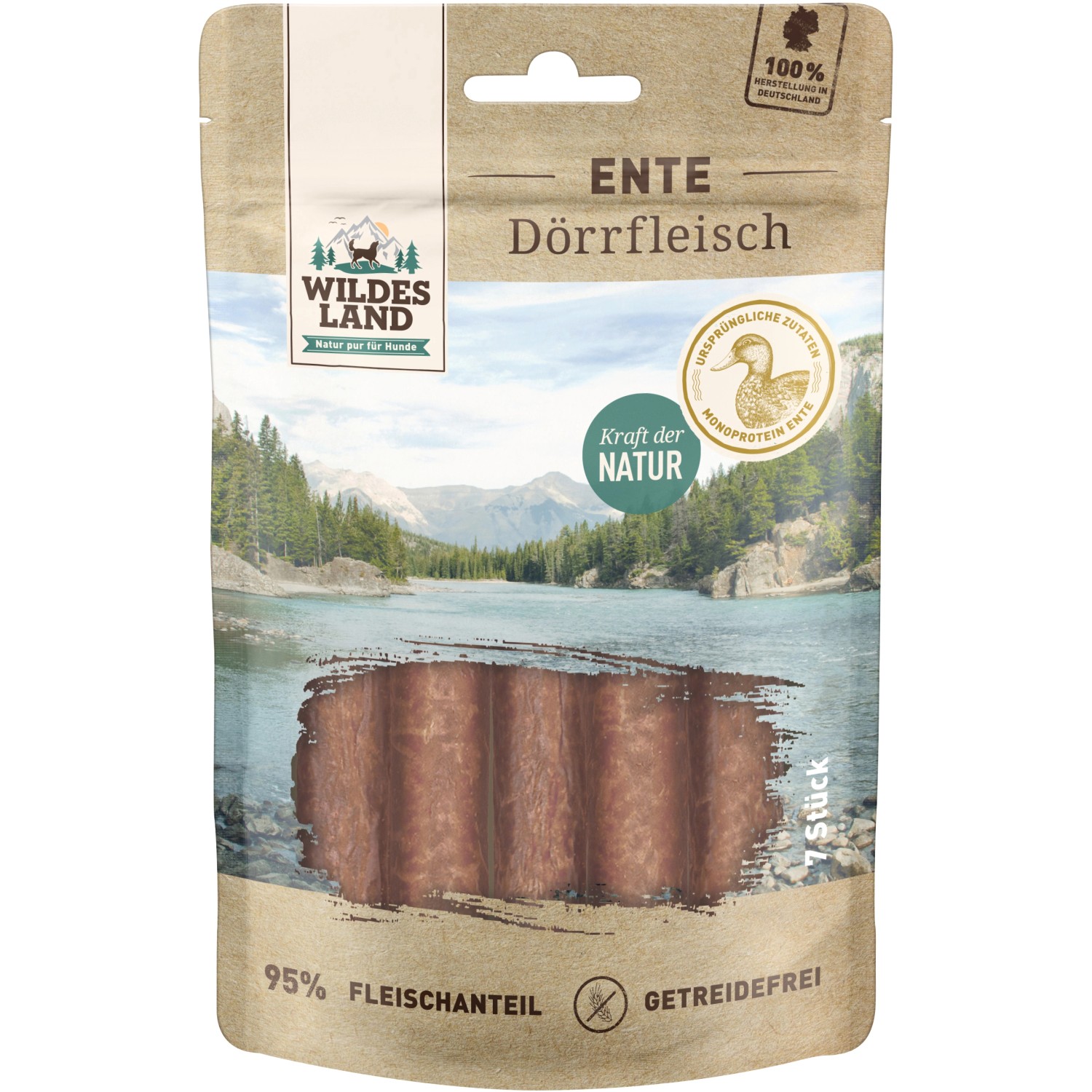 Wildes Land Hunde-Snack Enten Dörrfleisch 150 g 7 Stück