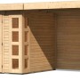 Unbehandeltes Karibu Holz-Gartenhaus Sölve mit Flachdach und Anbau.