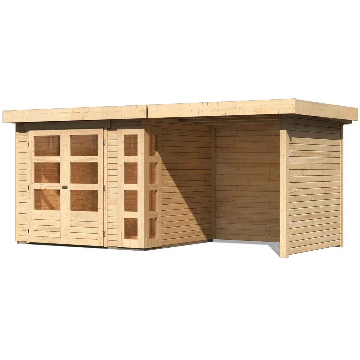Unbehandeltes Karibu Holz-Gartenhaus Sölve mit Flachdach und Anbau.