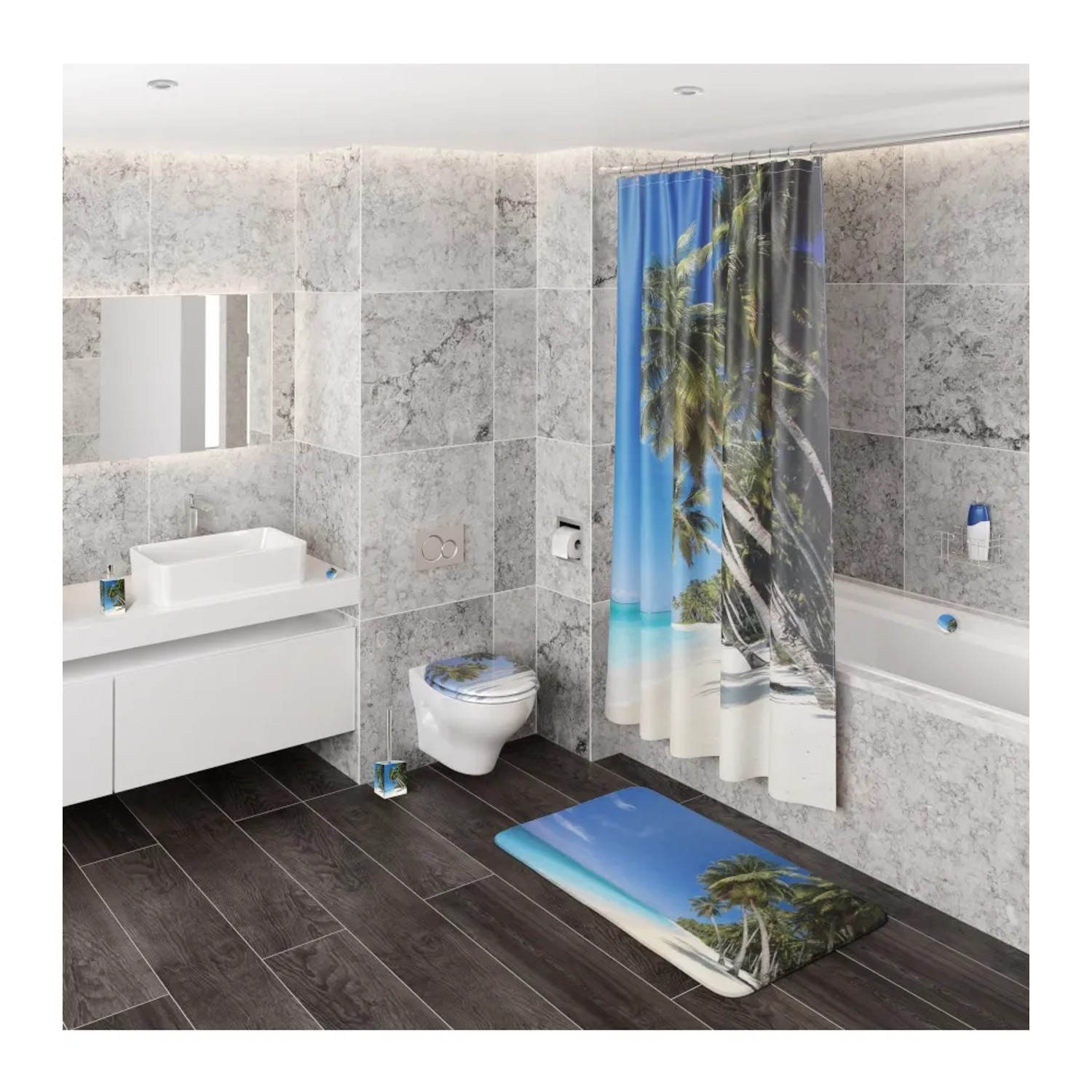 Badezimmer-Set mit Sanilo Seifenspender Karibik, Duschvorhang und Badematte mit Strandmotiv.