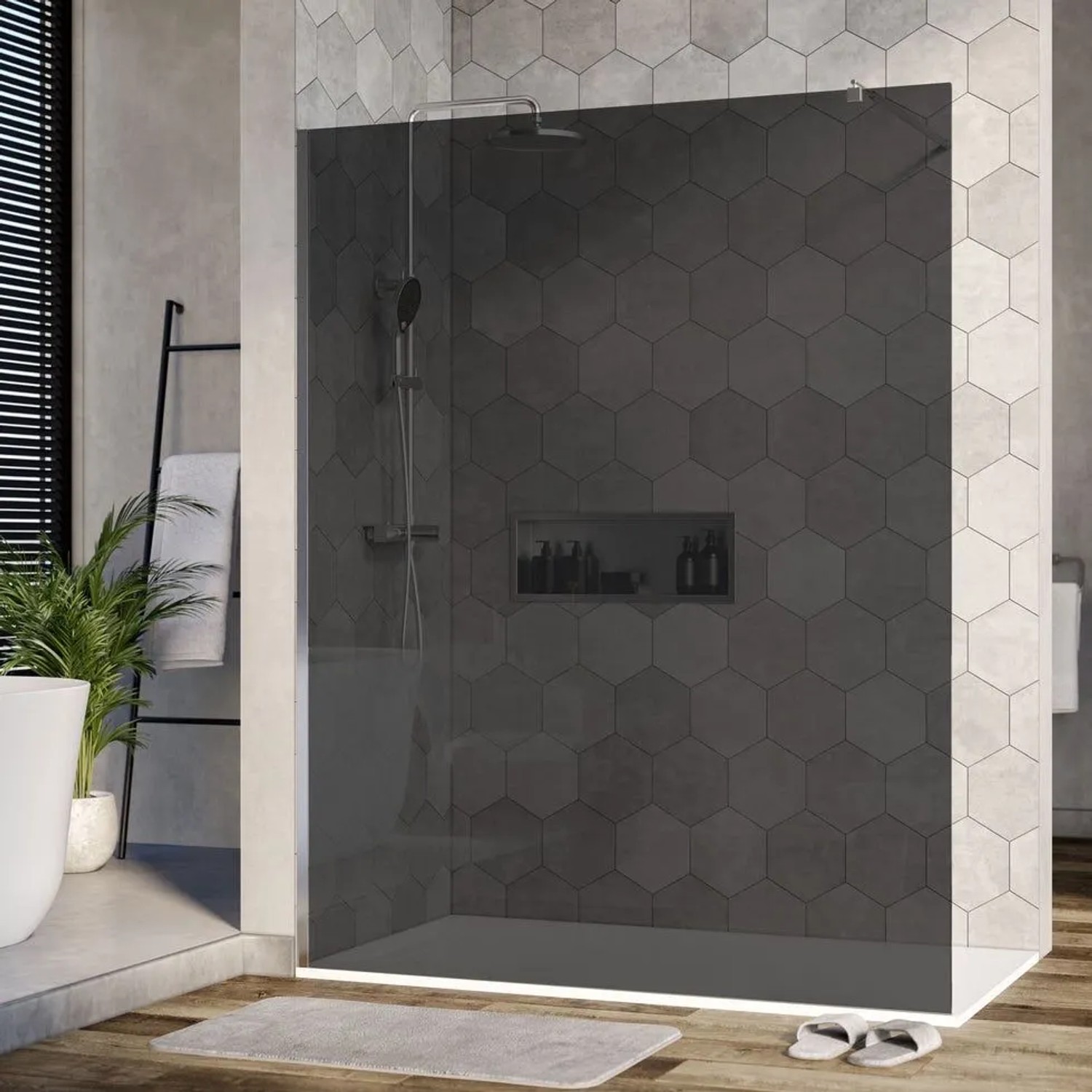 Bernstein Duschabtrennung Walk-In Nano Echtglas EX101 Graues Glas 10mm Wandprofil Chrom 140cm